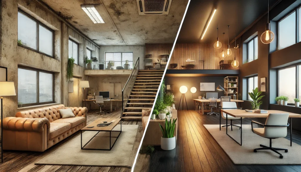 Contact DALL·E 2025 09 25 15.03.54 A Before And After Photo Showcasing An Interior Design Transformation. The First Part Of The Image Shows An Old Outdated Office Or Home Space With Wo 1024x585